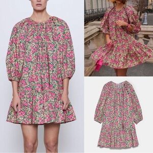 Zara Floral Puff Sleeve Mini Dress Influencer Favorite 🌸